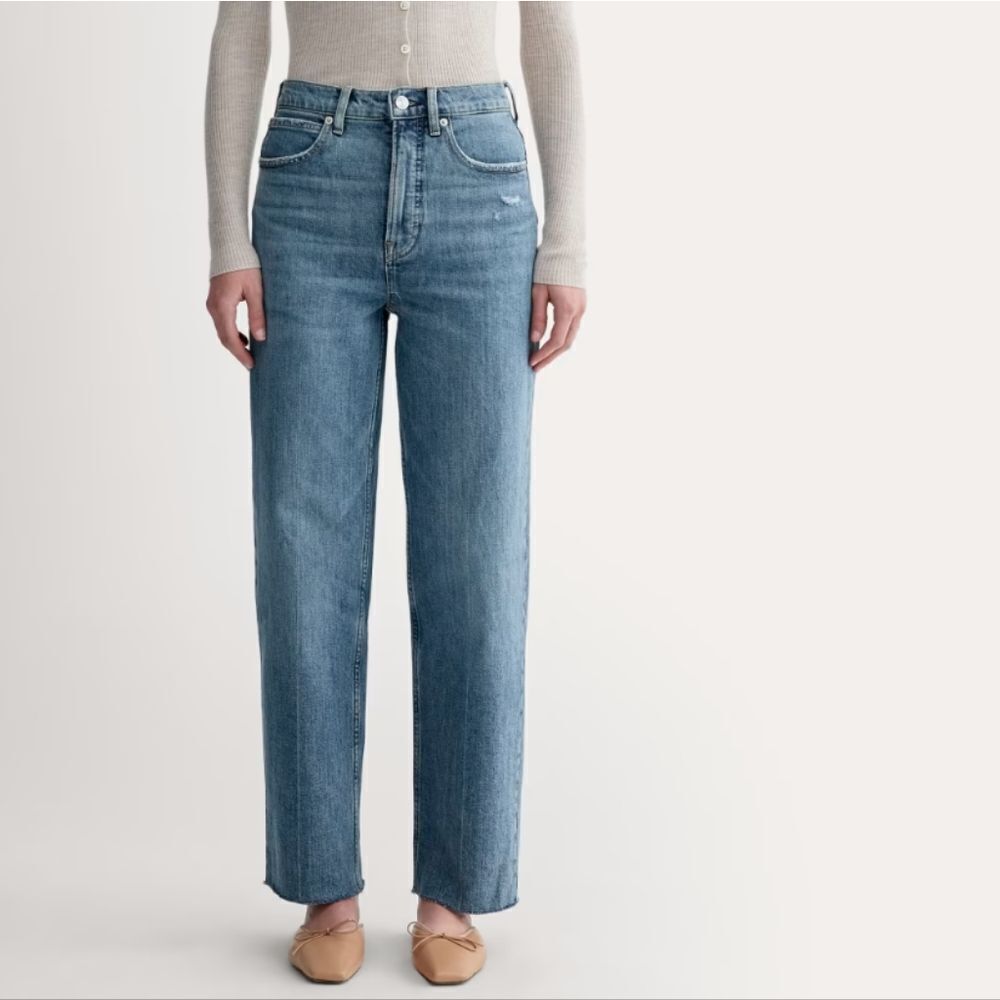 Everlane The Way High Jean Organic Cotton Raw Hem Distressed Blue 28 Regular
